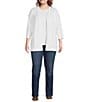 Leo & Nicole Plus Size Pointelle Trim 3/4 Sleeve Open-Front Cardigan, Color:White - Image 3