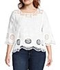 Leo & Nicole Plus Size Woven Scattered Embroidered Lace Scoop Neck 3/4 Sleeve Top, Color:White/White - Image 1