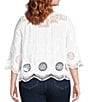 Leo & Nicole Plus Size Woven Scattered Embroidered Lace Scoop Neck 3/4 Sleeve Top, Color:White/White - Image 2