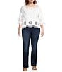 Leo & Nicole Plus Size Woven Scattered Embroidered Lace Scoop Neck 3/4 Sleeve Top, Color:White/White - Image 3