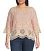 Leo & Nicole Plus Size Woven Scattered Embroidered Lace Scoop Neck 3/4 Sleeve Top, Color:Ballet/Ivory - Image 1