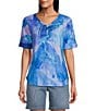 Color:Sunrise Love - Image 1 - Textured Knit Printed V-Neck Short Roll-Tab Sleeve Top