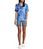 Color:Sunrise Love - Image 3 - Textured Knit Printed V-Neck Short Roll-Tab Sleeve Top