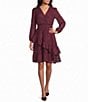 Leslie Fay Long Balloon Sleeve Surplice Neck Ruffle Hem Jacquard Dress - Image 1