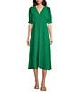 Color:Green - Image 1 - Short Sleeve V-Neck Empire Waist Midi Dress