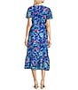 Color:Cobalt/Multi - Image 2 - Short Split Sleeve V-Neck Flounce Skirt Floral Midi Dress