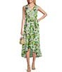 Color:Ivory/Green - Image 1 - Sleeveless V-Neck Tie Waist Ruffle Skirt Floral Print Chiffon Faux Wrap Dress