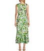 Color:Ivory/Green - Image 2 - Sleeveless V-Neck Tie Waist Ruffle Skirt Floral Print Chiffon Faux Wrap Dress