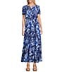 Leslie Fay Split V-Neck Short Sleeve Floral Print Maxi Dress, Color:Navy/Blue - Image 1