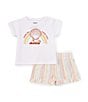 Color:Bright White - Image 1 - Levi's® Baby Girls 12-24 Months Short Sleeve Seashell/Rainbow Graphic Jersey T-Shirt & Striped Linen-Blend Shorts Set