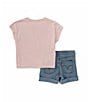 Color:Chalk Pink - Image 2 - Levi's® Little Girls 2T-6X Short Sleeve Floral Dolman T-Shirt & Shorts Set