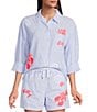 Lilly Pulitzer Bondi Jacaranda Beach Day Embroidered Seacret Stripe Print Point Collar Long Sleeve Coordinating Top, Color:Jacaranda - Image 1