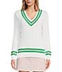Lilly Pulitzer Brockton Cable Knit V-Neck Long Sleeve Stripe Detail Sweater, Color:Resort White - Image 1