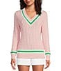 Lilly Pulitzer Brockton Cable Knit V-Neck Long Sleeve Stripe Detail Sweater, Color:Pink Muse - Image 1