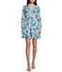 Color:Conch Shell - Image 1 - Cristiana Woven Floral Print V-Neck Long Sleeve Smocked Ruffle A-Line Dress