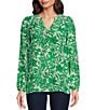 Lilly Pulitzer Elsa Silk Leaf Print V-Neck Button Front Bracelet Sleeve Top, Color:Fiddle Leaf - Image 1