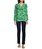 Lilly Pulitzer Elsa Silk Leaf Print V-Neck Button Front Bracelet Sleeve Top, Color:Fiddle Leaf - Image 3