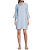 Color:Lunar Blue - Image 1 - Jazmyn Linen Stripe Print Point Collar 3/4 Ruffle Seam Shirt Dress