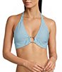 Lilly Pulitzer Ketos Capri Blue Seersucker Stripe Gold Ring Hardware Triangle Halter Swim Top - Image 1