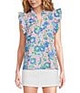Color:Conch Shell - Image 1 - Klaudie Woven Floral Print V-Neck Cap Sleeve Ruffle Trim Top