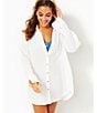 Color:White - Image 5 - Kwitney Crinkle Long-Sleeve Point Collar Button Front Shirt Dress Swim Cover-Up