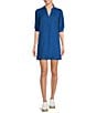 Color:Barton Blue - Image 1 - Mialeigh Linen Split V-Neck Elbow Puff Sleeve Shift Dress
