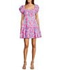 Color:Roxie Pink - Image 1 - Nastia Cotton Poplin Square Neck Short Puff Sleeve Ruched A-Line Dress