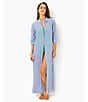 Color:Coastal Blue - Image 5 - Natalie Stripe Point Collar Side Pocket Button Front Swim Cover-Up Maxi Dress