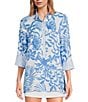 Color:Resort White - Image 1 - Riverlyn Linen Floral Print Point Collar 3/4 Sleeve Button Front Top