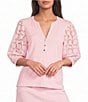 Lilly Pulitzer Ronson Eyelet Knit Notch Neck Elbow Sleeve Top - Image 1