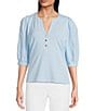 Lilly Pulitzer Ronson Split V -Neck Elbow Puff Sleeve Top, Color:Bluette - Image 1