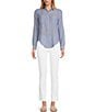 Color:Coastal Blue - Image 3 - Sea View Pinstripe Print Point Collar Long Sleeve Button Down Blouse