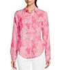 Color:Roxie Pink - Image 1 - Sea View Woven Linen Anniversary Toile Print Point Collar Long Sleeve Button Down Blouse