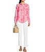 Color:Roxie Pink - Image 3 - Sea View Woven Linen Anniversary Toile Print Point Collar Long Sleeve Button Down Blouse