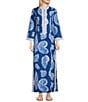 Color:Barton Blue - Image 1 - Shealyn Stretch Poplin Shell Print Stand Collar V-Neck Sleeveless Lilly Lace Trim Maxi Shift Dress