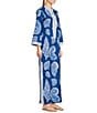 Color:Barton Blue - Image 3 - Shealyn Stretch Poplin Shell Print Stand Collar V-Neck Sleeveless Lilly Lace Trim Maxi Shift Dress