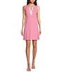 Color:Confetti Pink - Image 1 - Trini Woven V-Neck Sleeveless Stouache Trim Sheath Dress