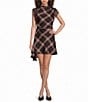 Line and Dot Kristopher Plaid Printed Lace Trim Asymmetric Mock Neck Short Sleeve Mini Dress - Image 1