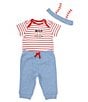Color:Blue - Image 1 - Baby Boys 3-12 Months Baseball Themed Short Sleeve #double;MVP#double; Striped Bodysuit & Solid Pant Set