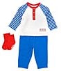 Color:Blue - Image 1 - Baby Boys 3-12 Months Baseball-Themed Striped Raglan Sleeve Henley T-Shirt & Solid Jogger Pant Set