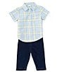 Color:Blue - Image 1 - Baby Boys 3-12 Months Plaid Short Sleeve Woven Shirt & Denim Pant Set