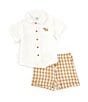 Color:Tan - Image 1 - Baby Boys 3-12 Months Short-Sleeve Puppy Motif Woven Shirt & Checked Woven Shorts Set