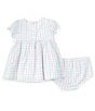 Color:White/Pink/Blue - Image 2 - Baby Girls 3-12 Months Daisy Love Short Sleeve Checked Fit & Flare Dress