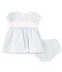 Color:White/Pink/Blue - Image 3 - Baby Girls 3-12 Months Daisy Love Short Sleeve Checked Fit & Flare Dress