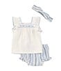 Color:Blue - Image 1 - Baby Girls 3-12 Months Flutter-Sleeve Embroidered Gauze Tunic Top & Striped Gauze Bloomer Set