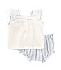 Color:Blue - Image 2 - Baby Girls 3-12 Months Flutter-Sleeve Embroidered Gauze Tunic Top & Striped Gauze Bloomer Set
