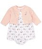 Color:Pink - Image 1 - Baby Girls 3-12 Months Long Sleeve Bunny Motif Cardigan & Short Sleeve Bunny Printed Fit & Flare Dress Set