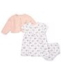 Color:Pink - Image 2 - Baby Girls 3-12 Months Long Sleeve Bunny Motif Cardigan & Short Sleeve Bunny Printed Fit & Flare Dress Set