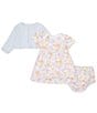 Color:Blue Multi - Image 2 - Baby Girls 3-12 Months Long Sleeve Flower Motif Cardigan & Short Sleeve Flower Printed Fit & Flare Dress Set