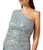 Color:Clear Sky - Image 3 - Stretch Sequin One Shoulder Long Sleeve Ruched Mini Dress